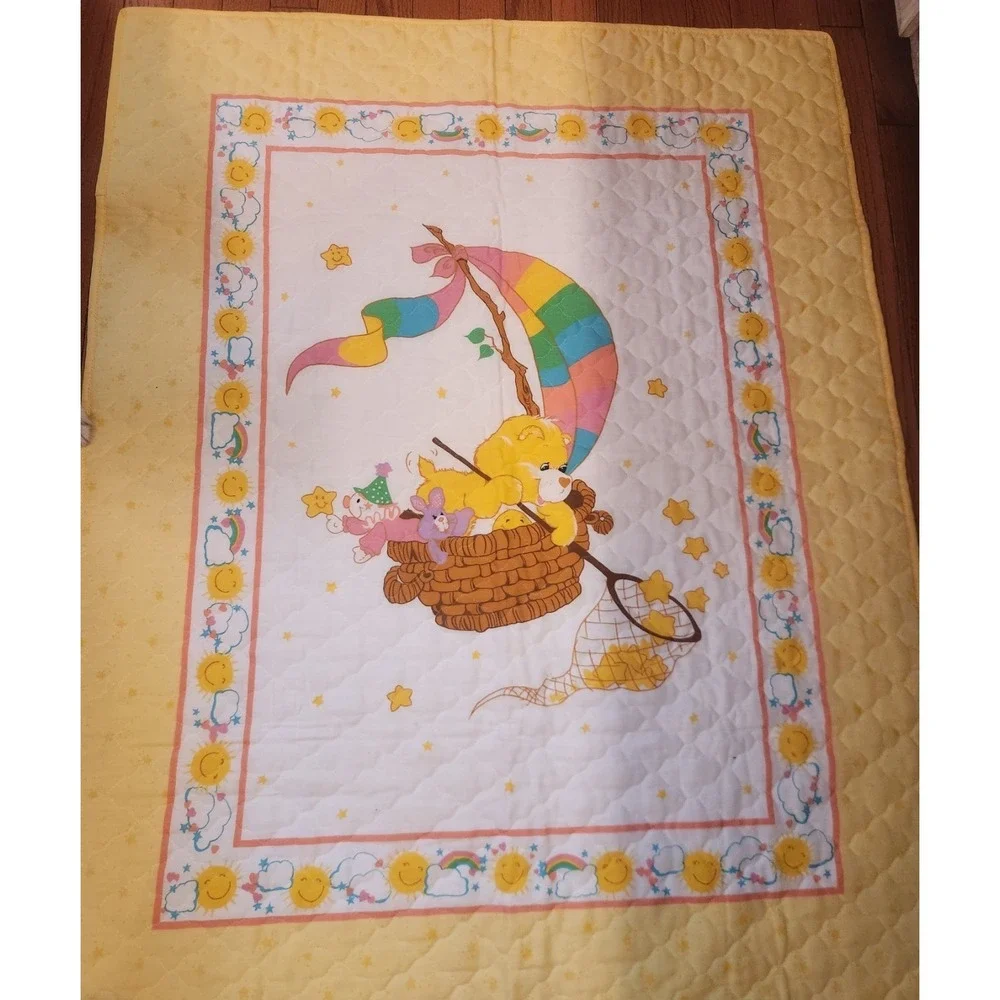 VINTAGE Care Bears Sunshine Bear Baby Blanket Quilt‎ Hot Air Balloon Cotton